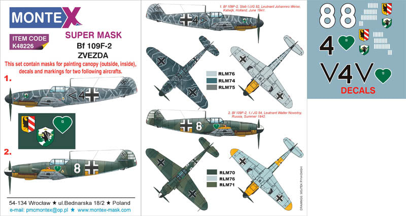 Messerschmitt Bf-109F-2 (canopy frame paint masks (inside and outside)) + insignia and markings masks + decals (designed to be used with Zvezda kits)