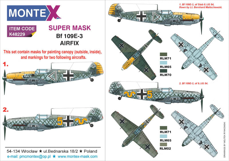 Messerschmitt Bf-109E-3 (canopy frame paint masks (inside and outside)) + insignia and markings masks (designed to be used with Airfix kits)