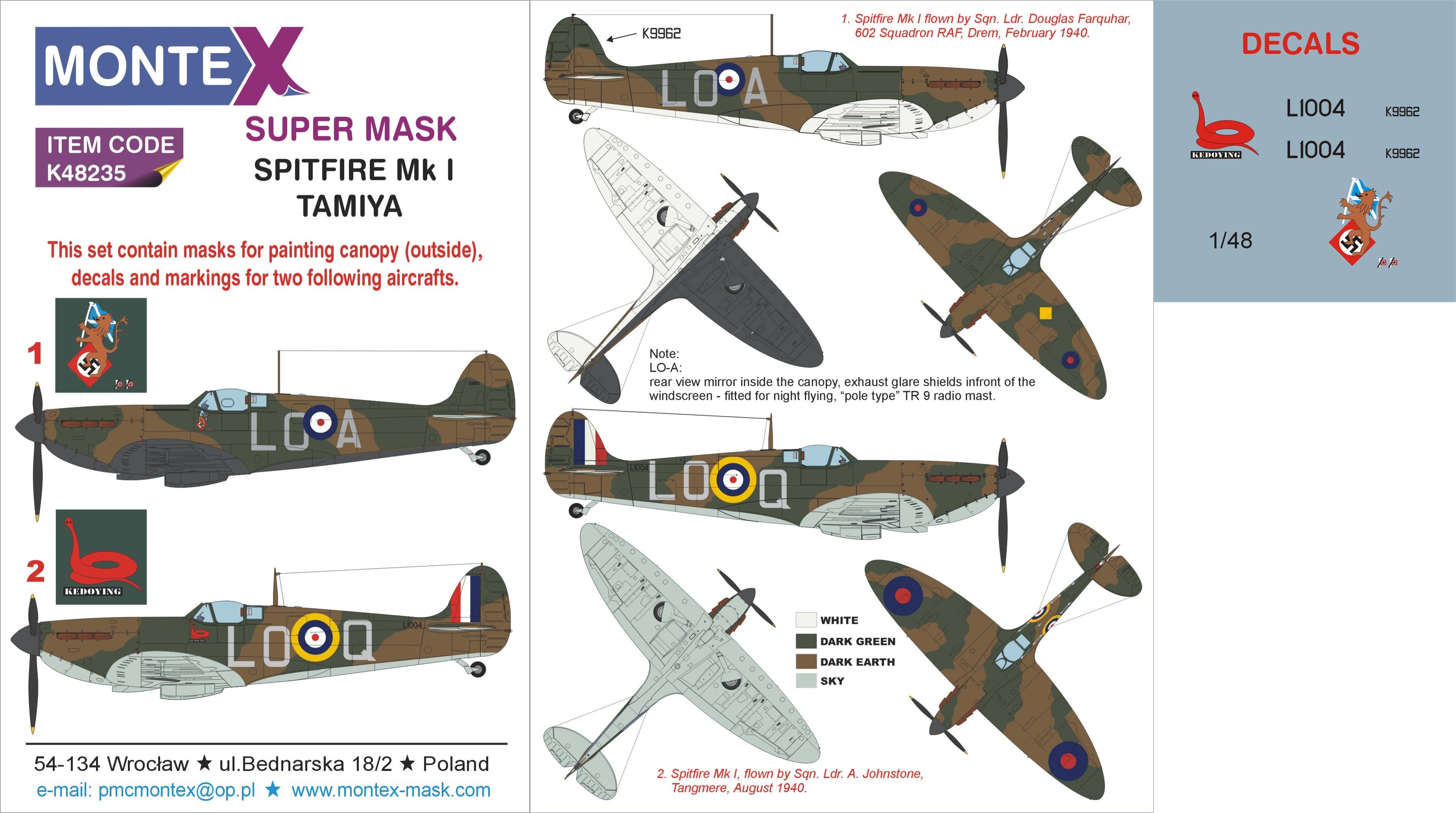 Supermarine Spitfire Mk.I 1 canopy mask (exterior) + insignia and markings masks + decals (designed to be used with Tamiya kits)