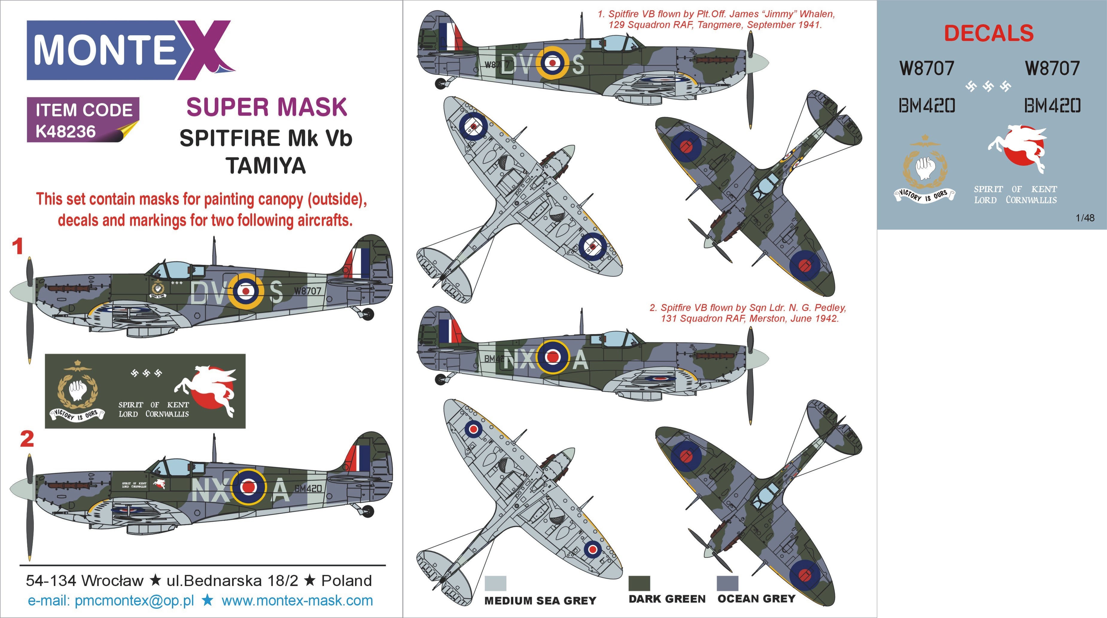 Supermarine Spitfire Mk.Vb 1 canopy mask (exterior) + insignia and markings masks + decals (designed to be used with Tamiya kits)