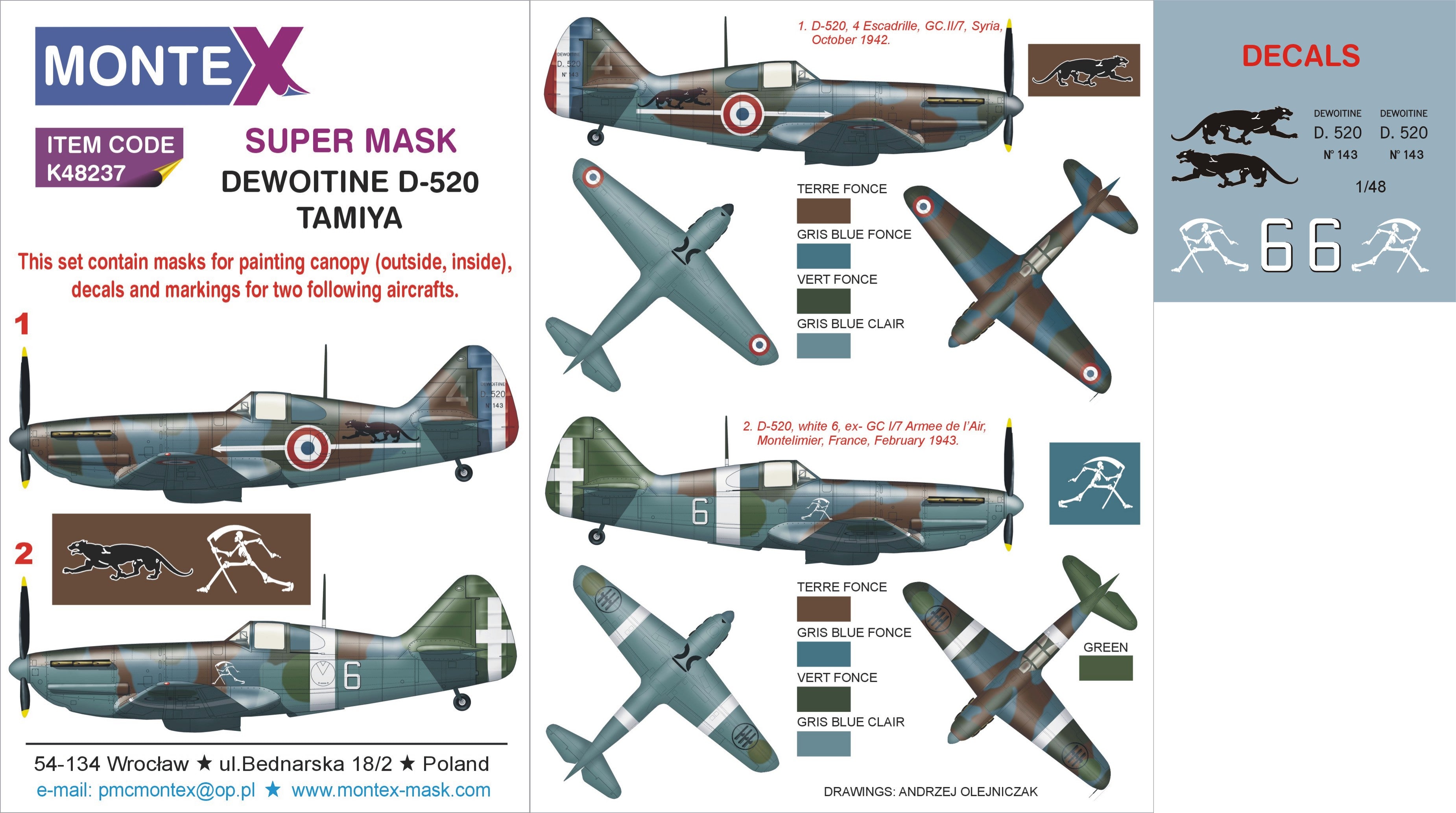 Dewoitine D.520 (canopy frame paint masks (inside and outside)) + insignia and markings masks + decals (designed to be used with Tamiya kits)