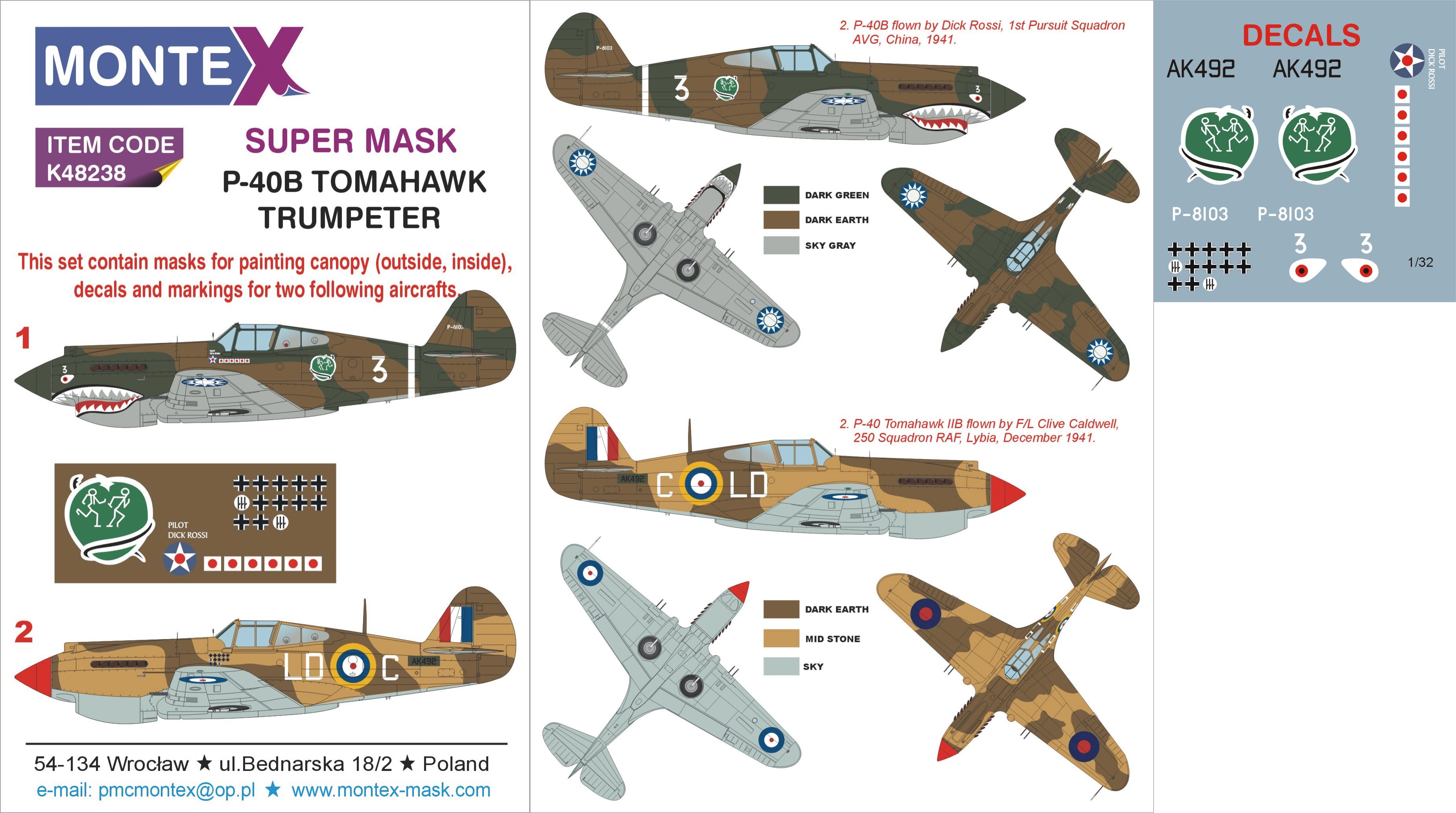 Curtiss P-40B Tomahawk (canopy frame paint masks (inside and outside)) + insignia and markings masks + decals (designed to be used with Trumpeter kits)