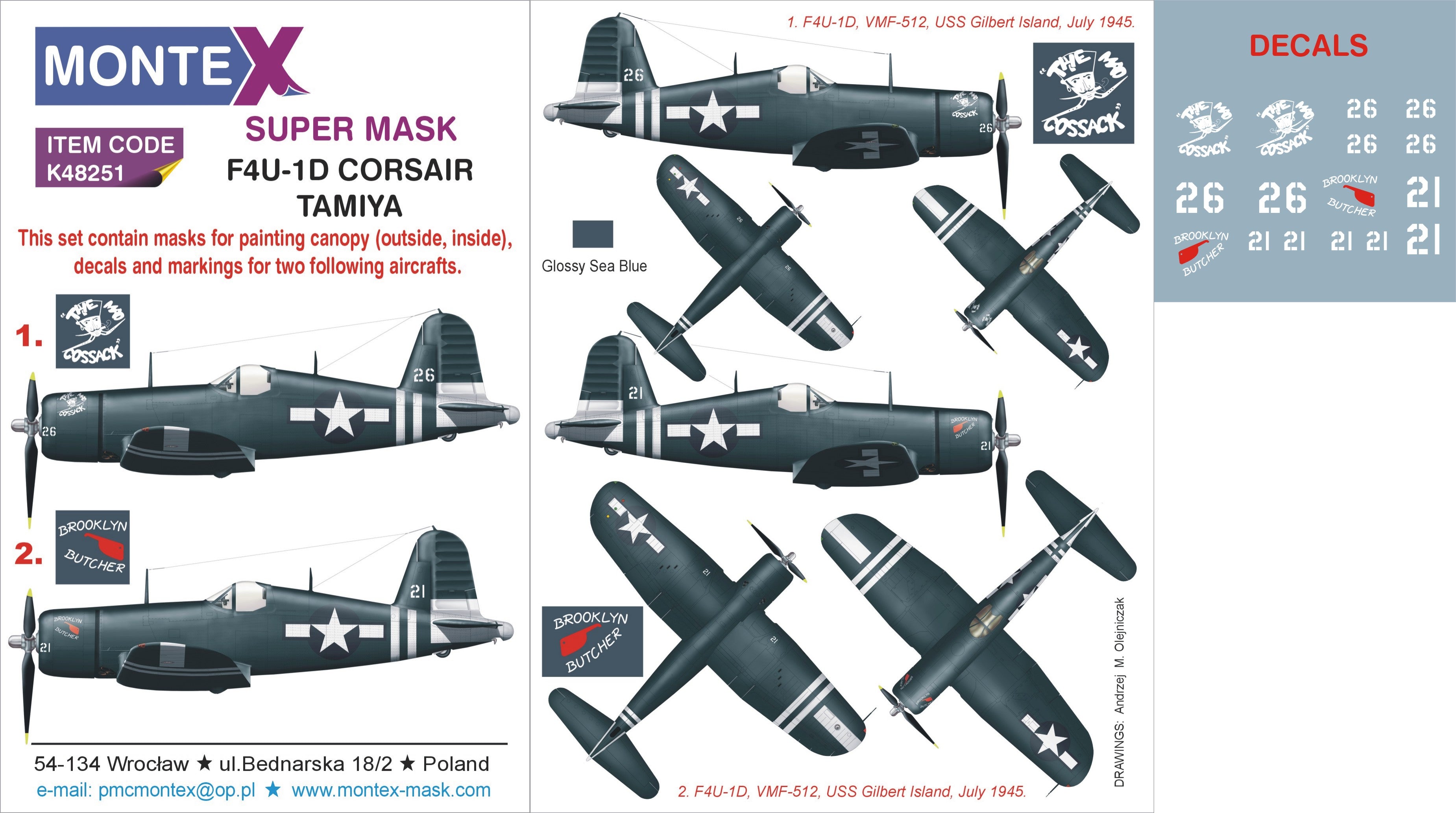 Vought F4U-1D CORSAIR (canopy frame paint masks (inside and outside)) + insignia and markings masks + decals (designed to be used with Tamiya kits)