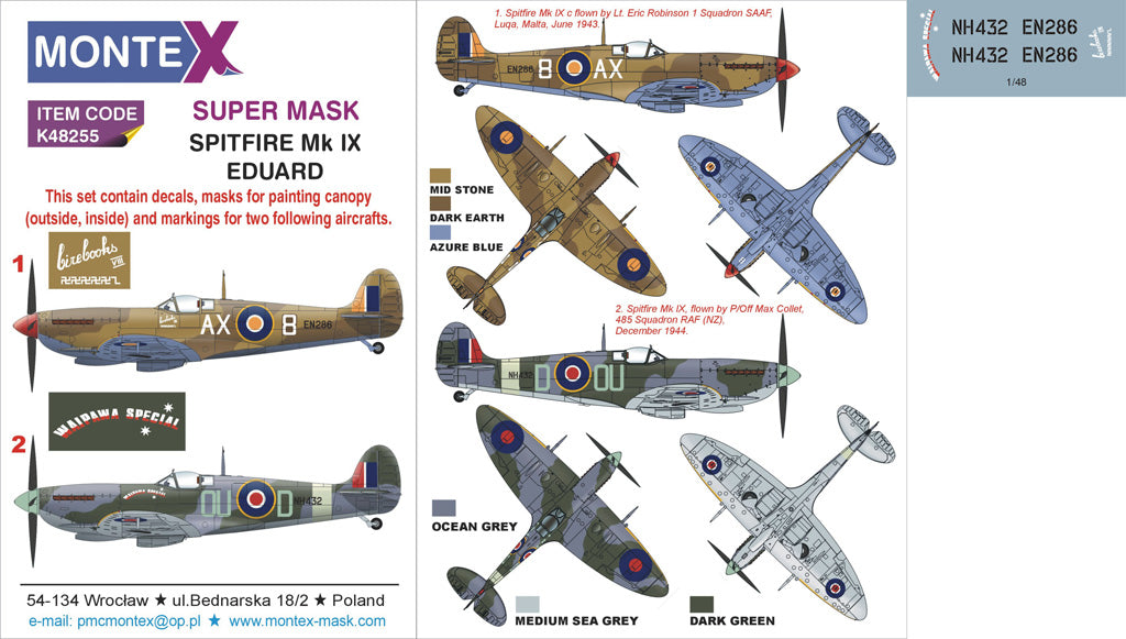 Supermarine Spitfire Mk.IX (canopy frame paint masks (inside and outside)) + insignia and markings masks + decals (designed to be used with EDUARD kits)