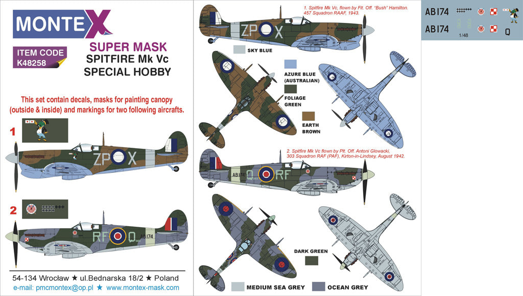 Supermarine Spitfire Mk.Vc (canopy frame paint masks (inside and outside)) insignia and markings masks + decals (designed to be used with Special Hobby kits)