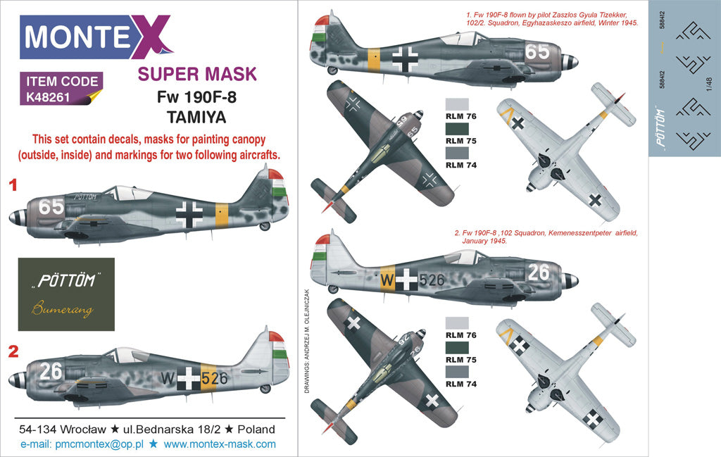 Focke-Wulf Fw-190F-8 (canopy frame paint masks (inside and outside)) + insignia and markings masks + decals (designed to be used with Tamiya kits)