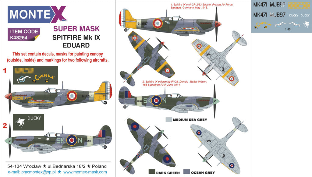 Supermarine Spitfire Mk.IX (canopy frame paint masks (inside and outside)) + insignia and markings masks + decals (designed to be used with EDUARD kits)