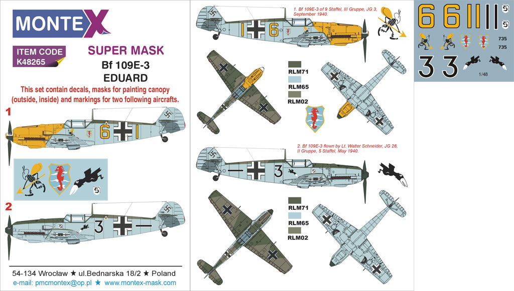 Messerschmitt Bf-109E-3 (canopy frame paint masks (inside and outside)) + insignia and markings masks + decals (designed to be used with EDUARD kits)