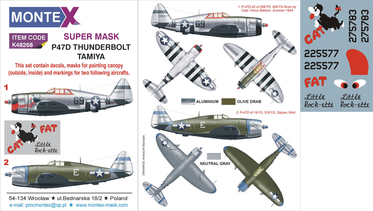 Republic P-47D Thunderbolt 'Razorback' 1 canopy mask (canopy frame paint masks (inside and outside)) insignia and markings masks + decals (designed to be used with Tamiya kits)