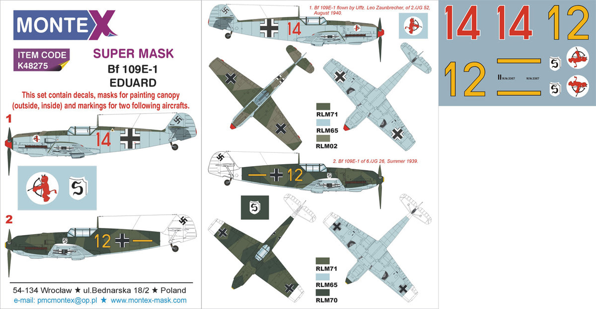 Messerschmitt Bf-109E-1 2 canopy frame paint mask (inside & outside) insignia and markings masks + decals (designed to be used with Eduard kits)