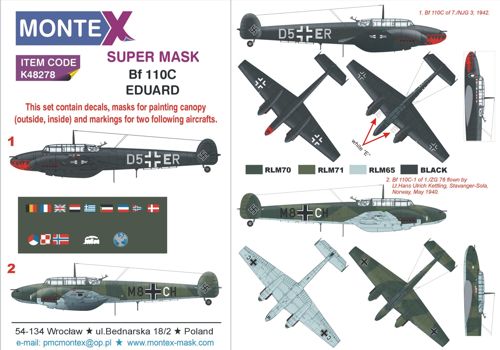 Messerschmitt Bf-110C 2 canopy frame paint mask (inside & outside) insignia and markings masks + decals (designed to be used with Eduard kits)