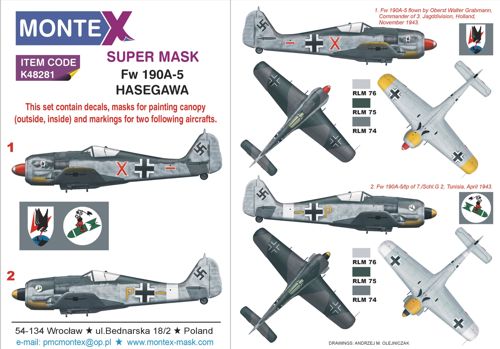 Focke-Wulf Fw-190A-5 2 canopy frame paint mask (inside & outside) + insignia and markings masks + decals (designed to be used with Hasegawa kits)