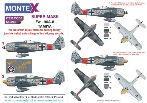 Focke-Wulf Fw-190A-8 2 canopy frame paint mask (inside & outside) + insignia and markings masks + decals (designed to be used with Tamiya kits)