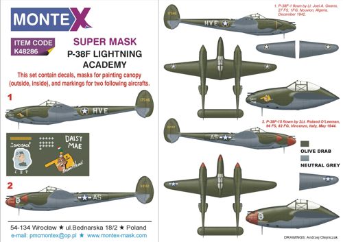 Lockheed P-38F Lightning 2 canopy frame paint mask (inside & outside) + insignia and markings masks + decals (designed to be used with Academy kits)