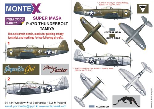 Republic P-47D Thunderbolt 1 canopy mask (outside only canopy masks) + insignia and markings masks + decals (designed to be used with Tamiya kits)