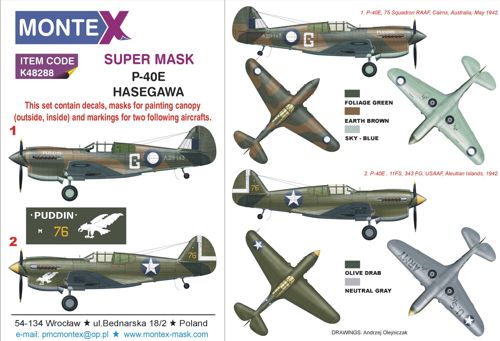 Curtiss P-40E 2 canopy frame paint mask (inside & outside) + insignia and markings masks + decals (designed to be used with Hasegawa kits)