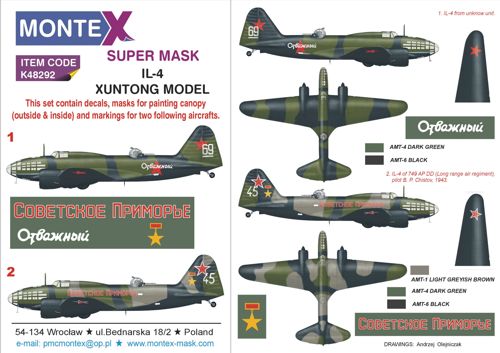 Ilyushin IL-4 2 canopy frame paint mask (inside & outside) insignia and markings masks + decals (designed to be used with Bobcat Models and Xuntong Model kits) [Ilyushin DB-3F / IL-4 / IL-4T]