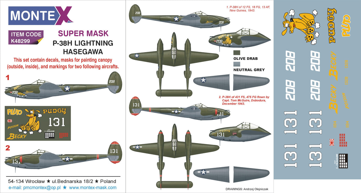Lockheed P-38H Lightning (designed to be used with Hasegawa kits) 2 canopy frame paint mask (inside & outside) + insignia and markings masks + decals