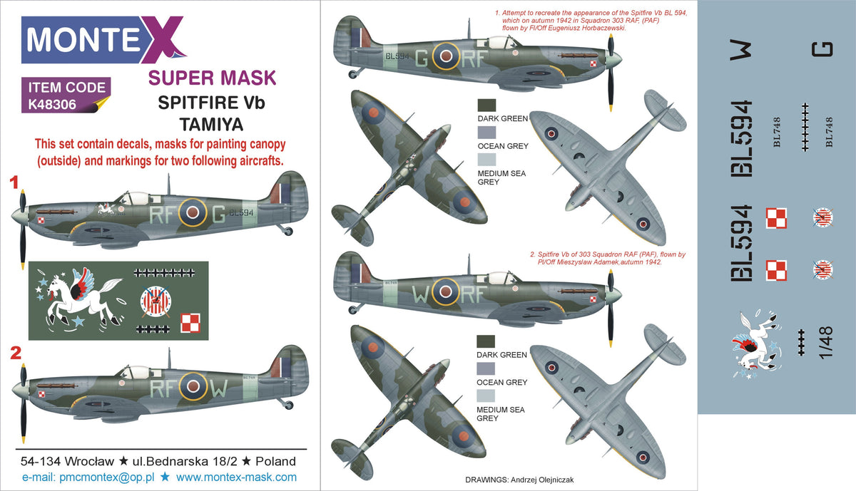 Supermarine Spitfire Mk.Vb	 (designed to be used with Tamiya kits)	 2 canopy frame paint mask (inside & outside) + insignia and markings masks + decals