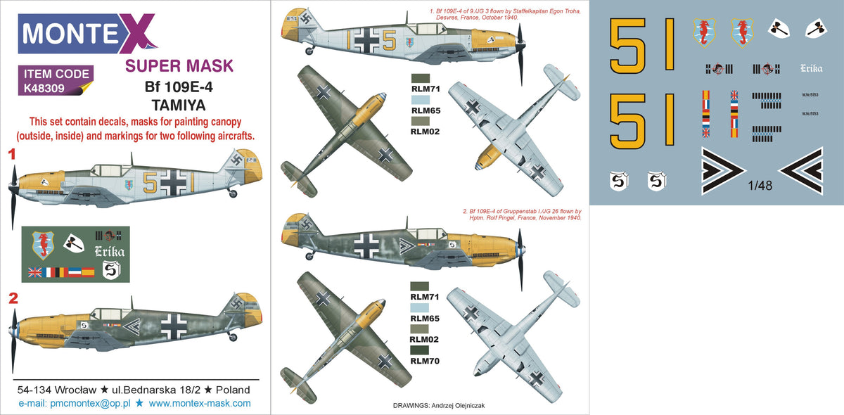 Messerschmitt Bf-109E-4	 (designed to be used with Tamiya kits)	 2 canopy frame paint mask (inside & outside) + insignia and markings masks + decals