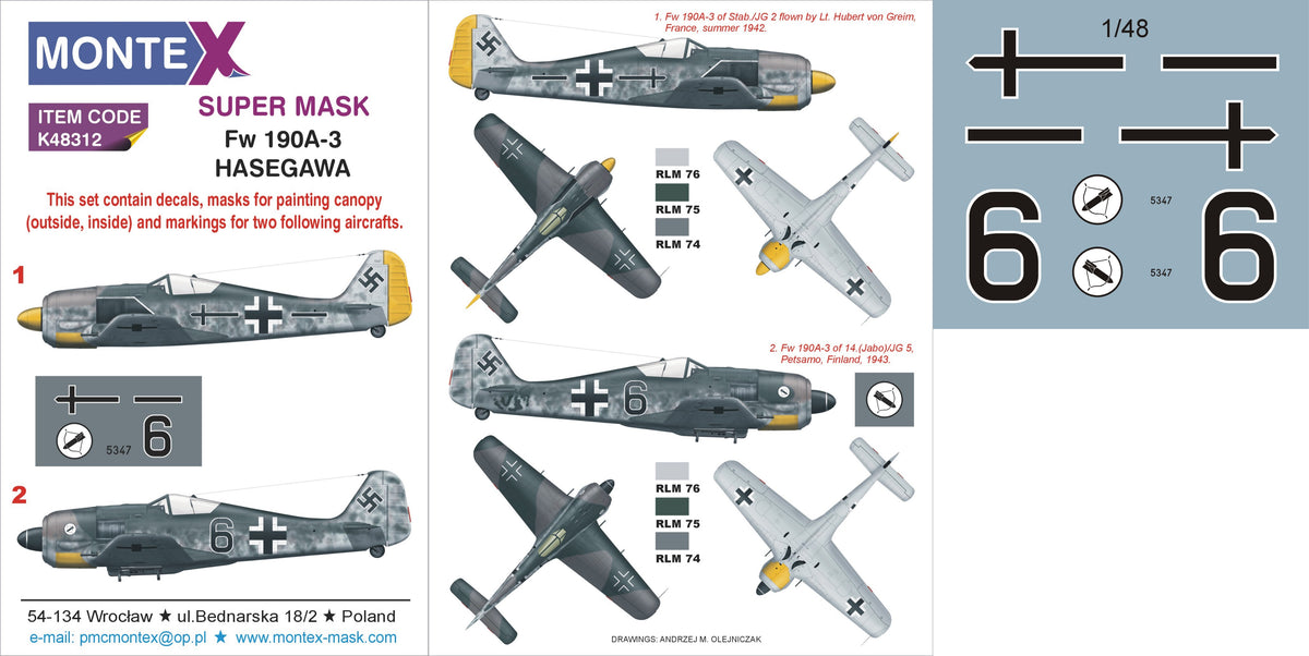 Focke-Wulf Fw-190A-3	 (designed to be used with Hasegawa kits)	 2 canopy frame paint mask (inside & outside) + insignia and markings masks + decals