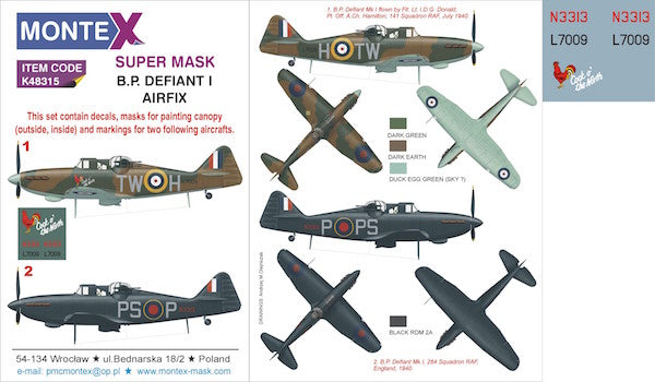 Boulton-Paul Defiant Mk.I (designed to be used with Airfix kits) 2 canopy mask (interior and exterior canopy frame mask) insignia and markings masks + decals