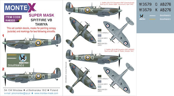 Supermarine Spitfire Mk.VB (designed to be used with Tamiya kits) 1 canopy mask (outside canopy frame mask) + insignia and markings masks + decals