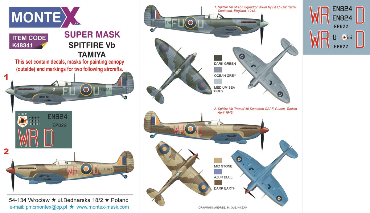 Supermarine Spitfire Mk.VB 	1 canopy mask (interior and exterior canopy frame mask) + insignia and markings masks + decals (designed to be used with Tamiya kits)