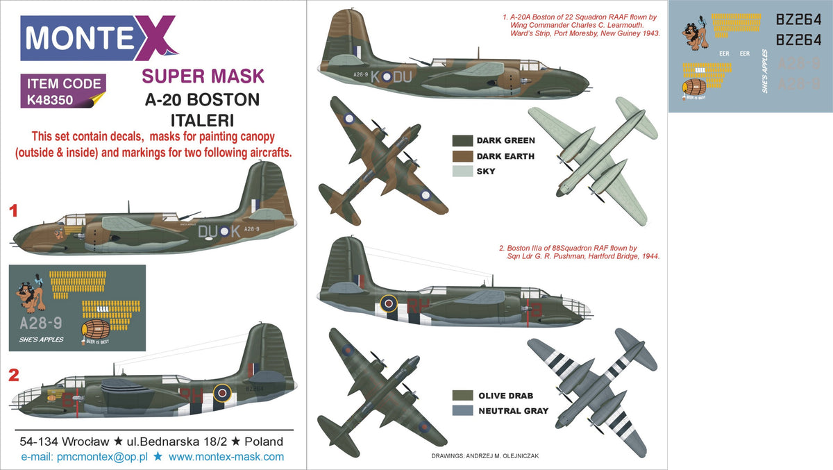 Douglas A-20B Boston 2 canopy mask (interior and exterior canopy frame mask) insignia and markings masks + decals (designed to be used with Italeri kits)