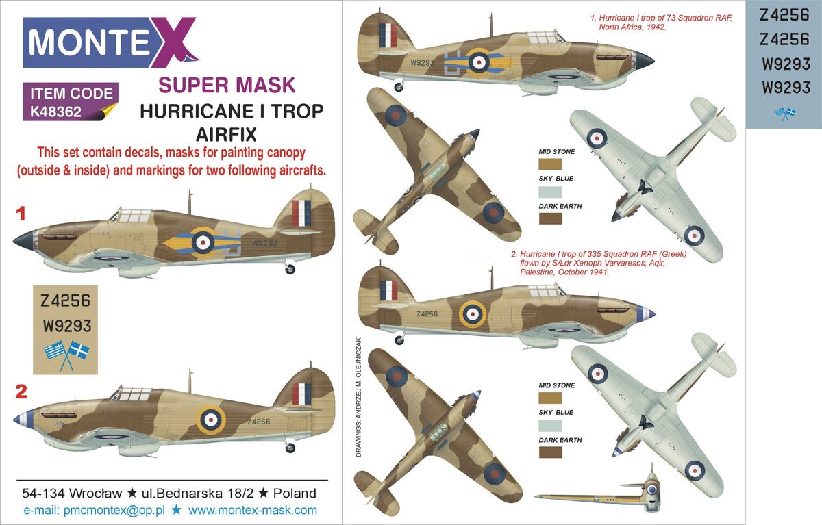 Hawker Hurricane Mk.I Tropical version 2 canopy mask (interior and exterior canopy frame mask) insignia and markings masks + decals (designed to be used with Airfix kits)