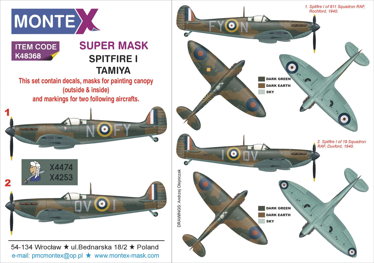 Supermarine Spitfire Mk.1 (designed to be used with Tamiya kits) canopy frame paint mask (inside & outside) insignia and markings masks + decals