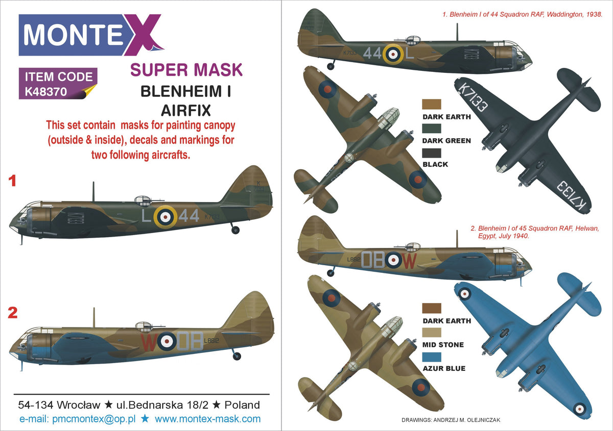 Bristol Blenheim Mk.IF RAF (designed to the used with Airfix kits) 2 canopy frame paint mask (inside & outside) insignia and markings masks + decals