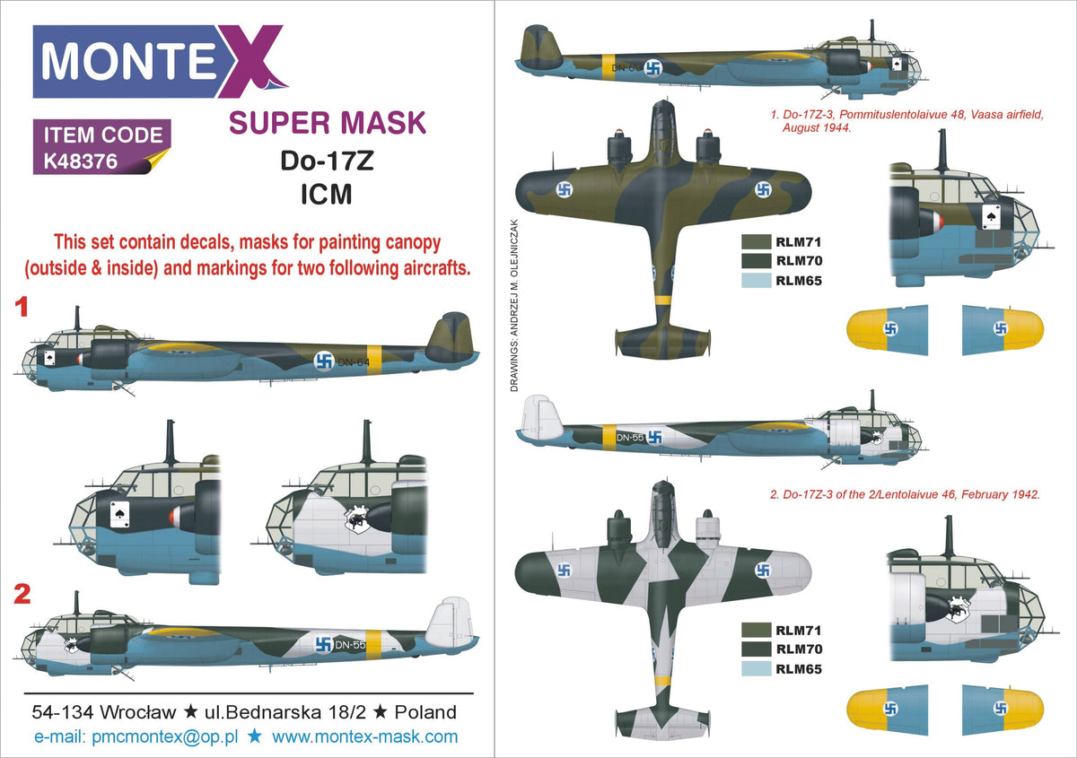 Dornier Do-17Z-3 (designed to be used with ICM UA UK kits) canopy frame paint mask (inside & outside) + insignia and markings masks + decals [Do-17Z-2/Do-17Z-7]