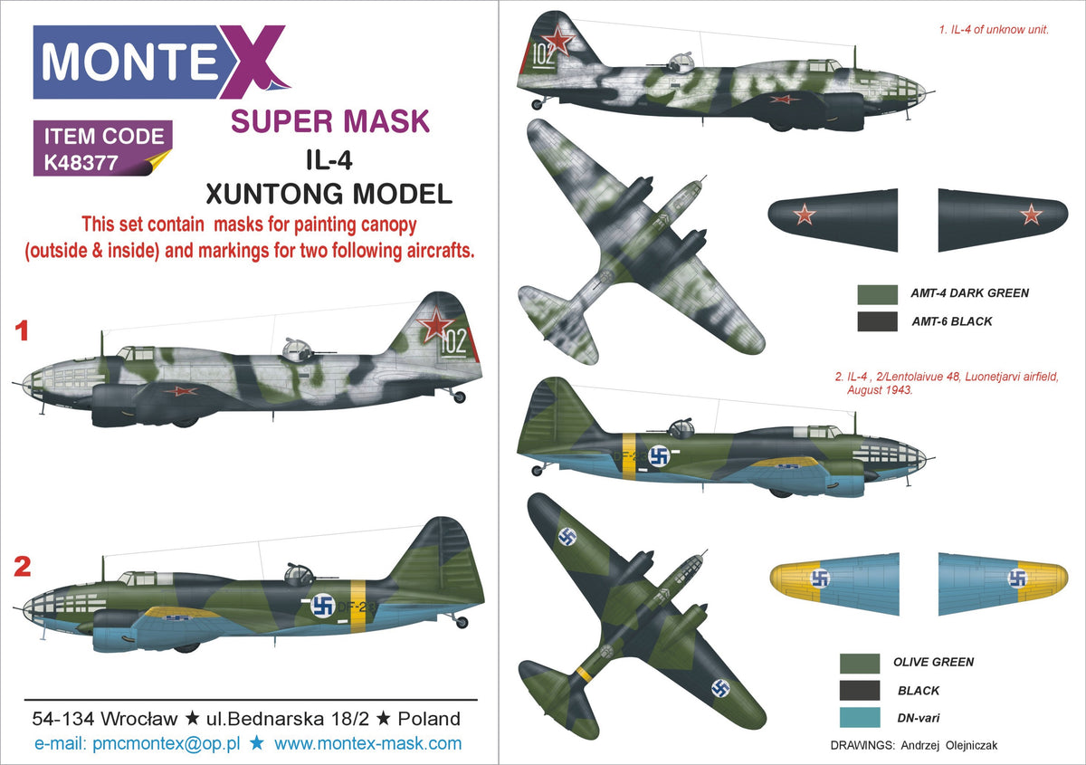 Ilyushin DB-3F / IL-4 / IL-4T (designed to be used with Xuntong Model kits) 2 canopy frame paint mask (inside & outside) + insignia and markings masks
