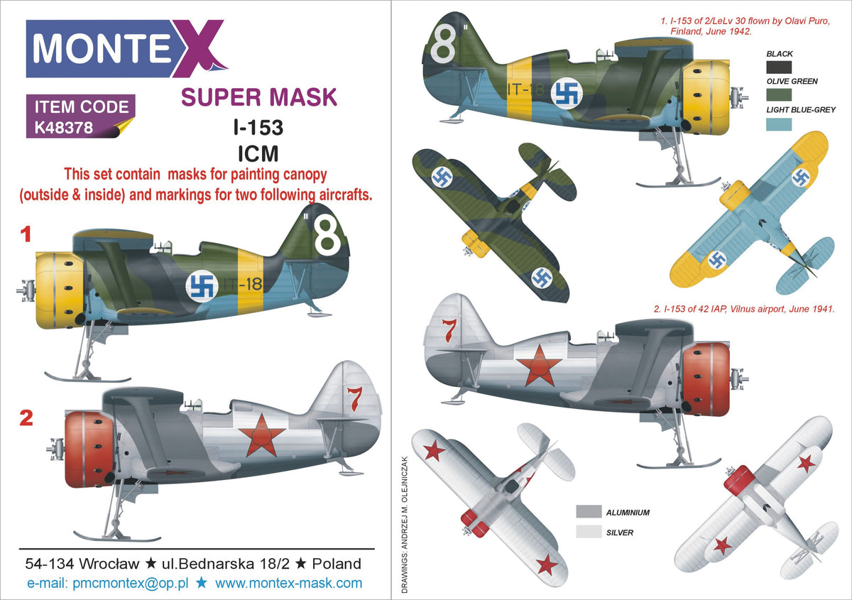 Polikarpov I-153 (designed to be used with ICM UA UK kits) 2 canopy frame paint mask (inside & outside) + insignia and markings masks