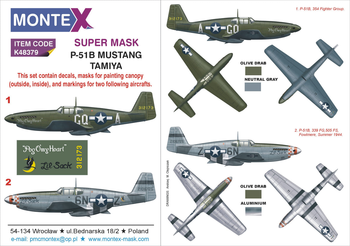 North-American P-51B Mustang (designed to be used with Tamiya kits) 2 canopy frame paint mask (inside & outside) + insignia and markings masks + decals