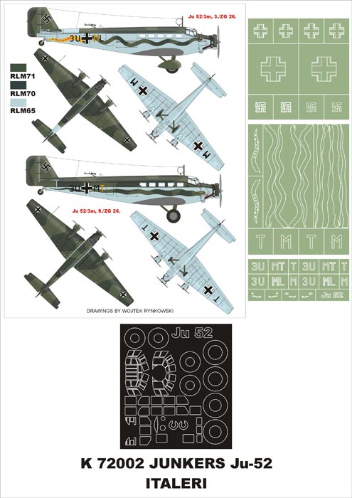 Junkers Ju-52/3M 1 canopy mask (exterior) + insignia and markings masks (designed to be used with Italeri kits)