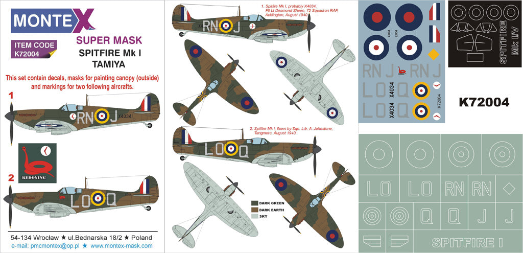 Supermarine Spitfire Mk.I 1 canopy mask (exterior) + insignia and markings masks + decals (designed to be used with Tamiya kits)