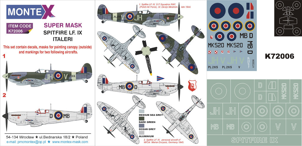 Supermarine Spitfire Mk.IX 1 canopy mask (exterior) + insignia and markings masks + decals (designed to be used with SWORD kits)