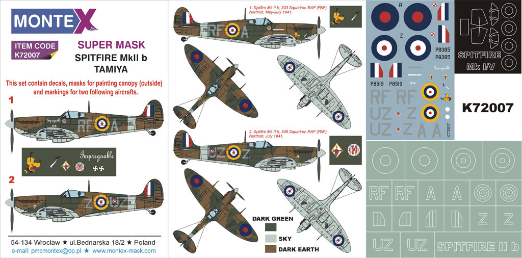 Supermarine Spitfire Mk.IIb 1 canopy mask (exterior) + insignia and markings masks + decals (designed to be used with Tamiya kits)