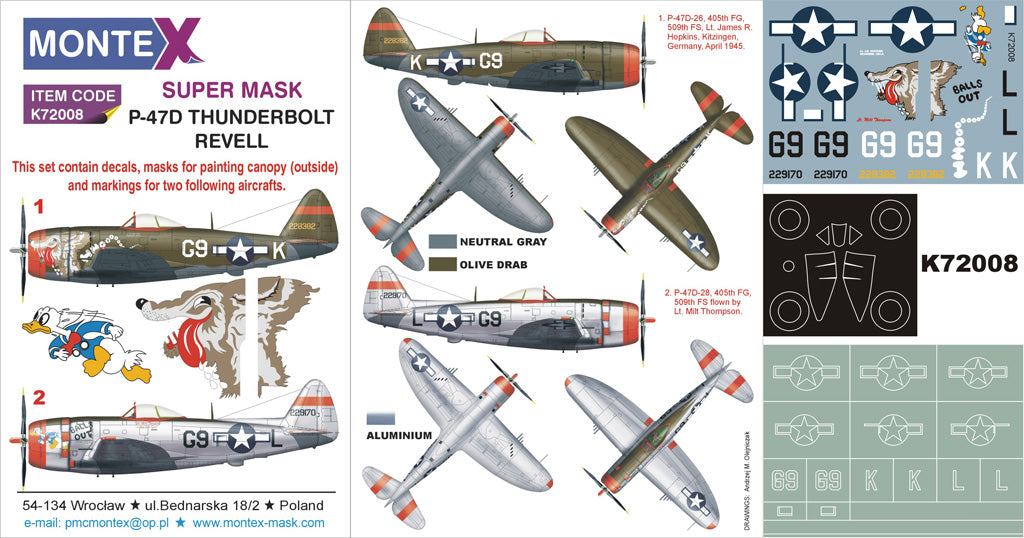 Republic P-47D Thunderbolt 1 canopy mask (exterior) + insignia and markings masks + decals (designed to be used with Revell kits)