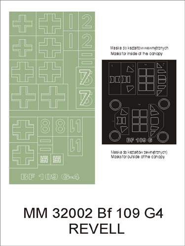Messerschmitt Bf-109G-4 canopy frame paint masks (inside and outside) insignia and markings masks (designed to be used with Revell kits)