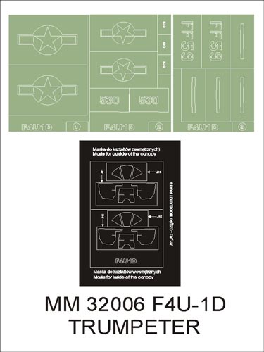 Vought F4U-1D Corsair canopy frame paint masks (inside and outside) + insignia and markings masks (designed to be used with Trumpeter kits)
