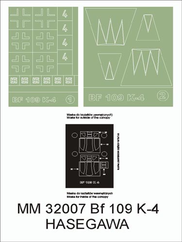 Messerschmitt Bf-109K-4 canopy frame paint masks (inside and outside) insignia and markings masks (designed to be used with Hasegawa kits)