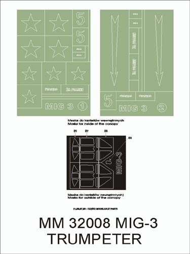 Mikoyan MiG-3 canopy frame paint masks (inside and outside) insignia and markings masks (designed to be used with Trumpeter kits)