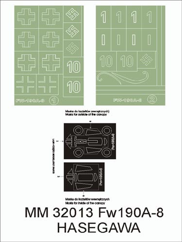 Focke-Wulf Fw-190A-8 canopy frame paint masks (inside and outside) insignia and markings masks (designed to be used with Hasegawa kits)