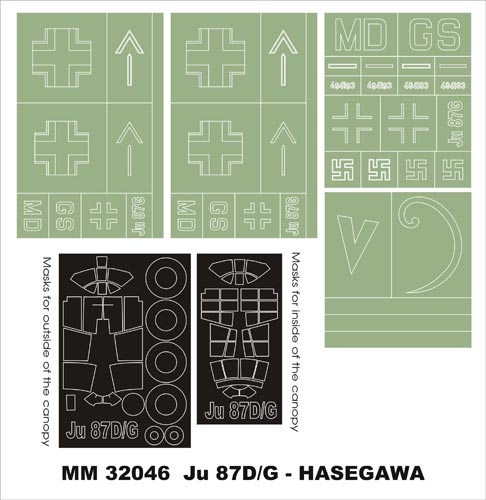 Junkers Ju-87G 'Stuka' canopy frame paint masks (inside and outside) + insignia and markings masks (designed to be used with Hasegawa kits)