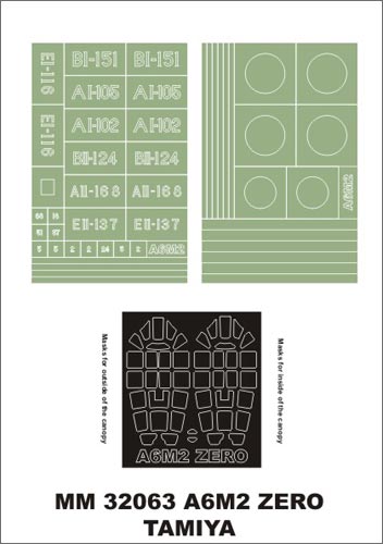 Mitsubishi A6M2b Zero Model 21 Zeke canopy frame paint masks (inside and outside) insignia and markings masks (designed to be used with Tamiya kits)