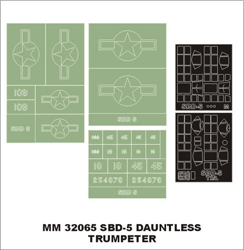 Douglas SBD-5 Dauntless canopy frame paint masks (inside and outside) + insignia and markings masks (designed to be used with Trumpeter kits)
