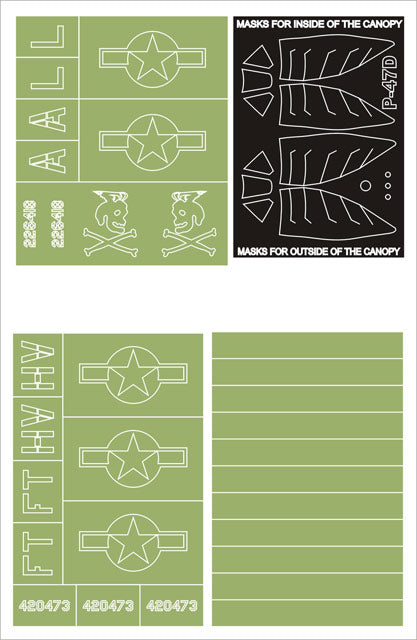 Republic P-47D Thunderbolt BUBBLETOP canopy frame paint masks (inside and outside) + insignia and markings masks (designed to be used with Hasegawa kits)